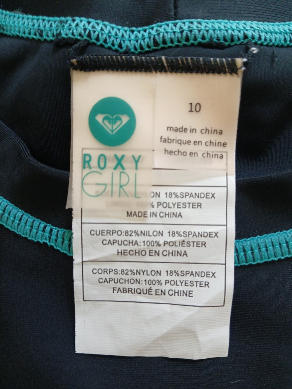 Roxy Girls 10 Black Rashguard Swim Top with Teal Logo and Multicolor Side Panels - Picture 2 of 4